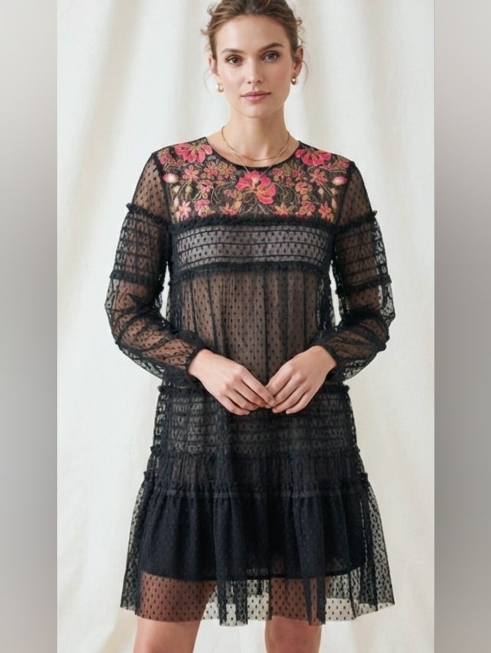 By Anthropologie Maeve Black Point D'Esprit Embroidered Dress Medium M ,NWOT